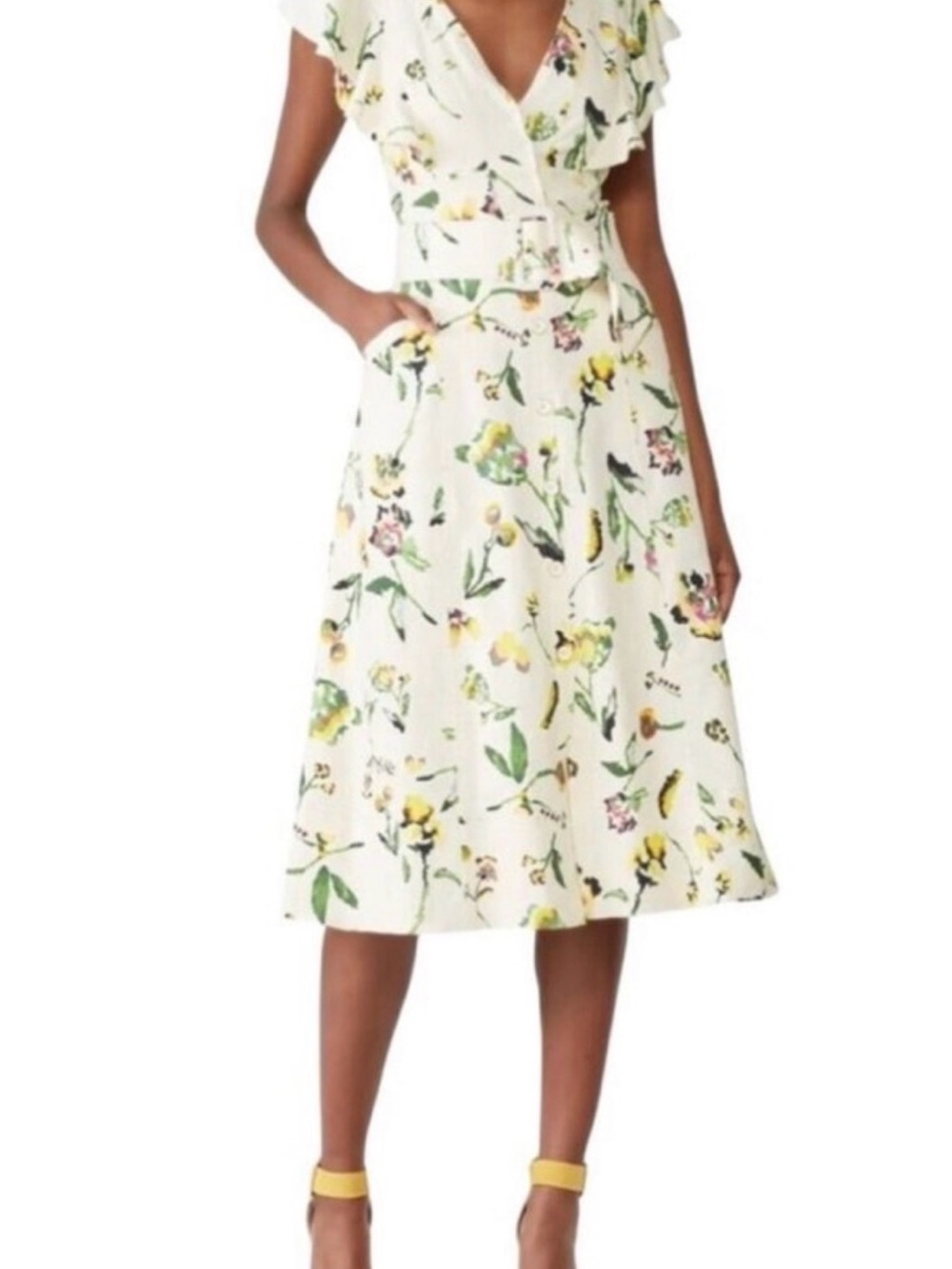 Tanya Taylor Cream Floral Wrap Midi Dress with Yellow Accents